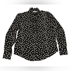 Paris Atelier & Other Stories Black Silk Blouse Size 6 Ruched Neck Heart Print